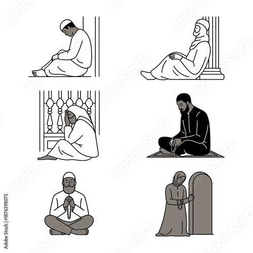 Praying in Serenity: A collection of illustrations depict individuals immersed in prayer, each moment captured with peacefulness and spiritual reflection. 