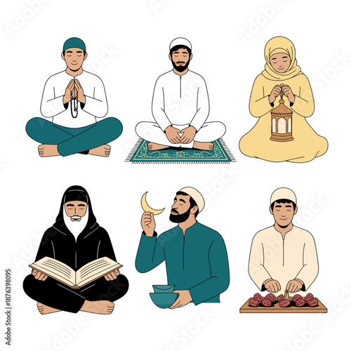 Diverse Muslim Devotees in Worship: A collection of illustrations showcasing diverse Muslim individuals engaged in various acts of devotion and observance.