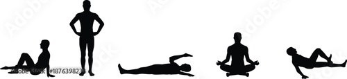 Workout exercise silhouette set showing stretching fitness yoga and training poses black vector illustration healthy lifestyle design