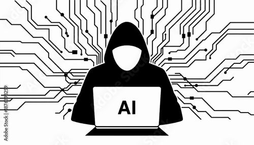 AI Hacker Silhouette with Digital Circuit Background