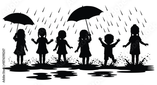 a group of children standing in the rain with umbrellas and puddles silhouette high quality professional
