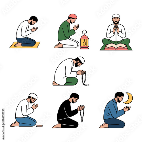 Sacred Prayer Moments: A collection of illustrations depicting individuals engaged in the act of prayer, each scene capturing a moment of reverence and spiritual connection.