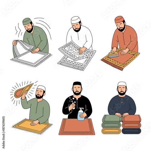 Preparation for prayer : A devout figure diligently preparing his prayer rug for spiritual practice, folding, and cleaning. Embodying devotion and meticulousness in the sacred ritual.