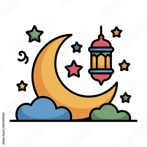 Moon and Star's Enchantment: An illustrated crescent moon and stars, and a lantern create a tranquil and serene ambiance.