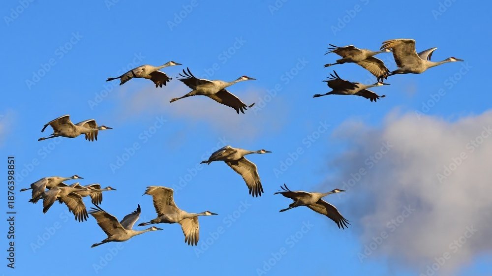 Obraz premium flock of majestic sandhill cranes in flight on a sunny day over their winter habitat of bernardo state wildlife refuge, near socorro, new mexico