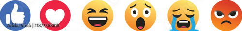 Social media reaction emoji icons set isolated on white background. Like, love, laugh, wow, sad, and angry expressions in flat colorful style. Digital feedback symbols for apps, messaging, and online 