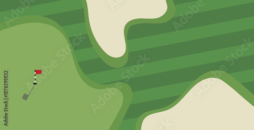 Golf course illustration viewed from above with green, fairway stripes, and sand bunkers. Minimal flat landscape showing hole flag and putting area. Sports background concept for golf tournaments, rec