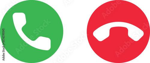 Incoming and outgoing call icons isolated on white background. Green accept and red decline phone symbols in flat modern style. Communication UI elements for apps, smartphones, and web design.