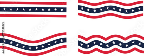 Patriotic ribbon banner set with stars and stripes in red, white, and blue. Curved and wavy American themed elements for borders, dividers, and headers. Perfect for Independence Day, elections, and na