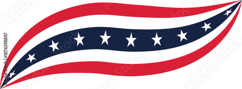Waving American flag ribbon banner in red, white, and blue. Flowing patriotic stars and stripes design symbolizing freedom and national pride. Ideal for Independence Day, elections, celebrations, and 