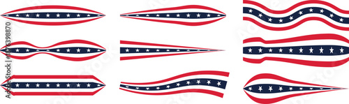 Patriotic ribbon banner set with stars and stripes in red, white, and blue. Curved and wavy American themed elements for borders, dividers, and headers. Perfect for Independence Day, elections, and na