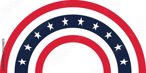 Patriotic stars and stripes arc banner in red, white, and blue. Semi-circular American themed design inspired by the US flag. Ideal for Independence Day, elections, celebrations, and national branding