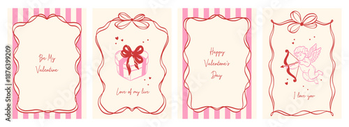 Hand drawn vintage coquette greeting cards for Valentine's Day with whimsical lines, bows. Holiday borders for poster, card, invitation an isolated background. Vector. 