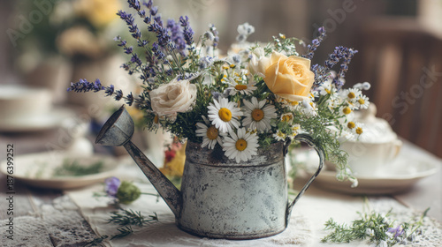 Flowers in a watering can on a table