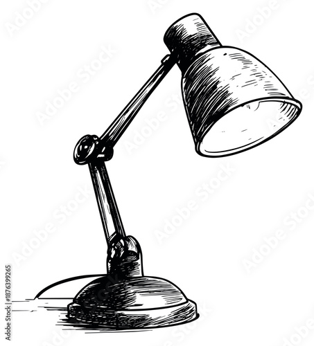Hand drawn line art illustration of a desk lamp depicting a vintage light source for study, work, or home decor concepts