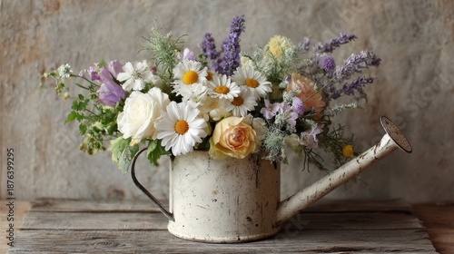 Flowers in watering can on table