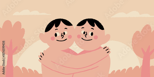 Happy Siblings Hugging in Sunset Light