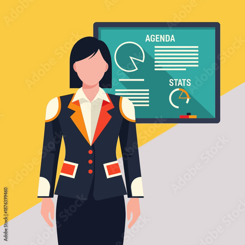 Professional female executive stands confidently presenting agenda and data statistics using a large digital display board in a modern office setting.