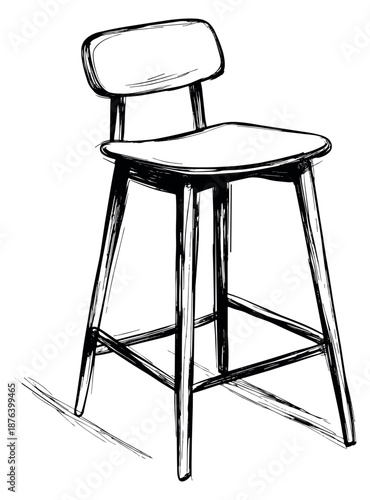 Hand drawn line art illustration of a bar stool depicting a tall chair for kitchen and bar