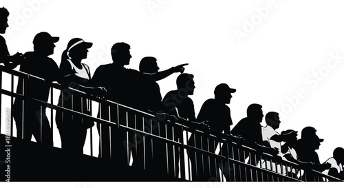 a group of people standing on a railing with one pointing silhouette high quality professional detailed
