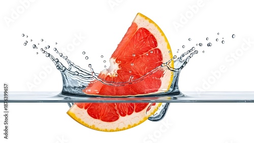 Fresh Grapefruit Slice Captured in a Water Splash, Isolated on a White Background for a Vibrant and Refreshing Look