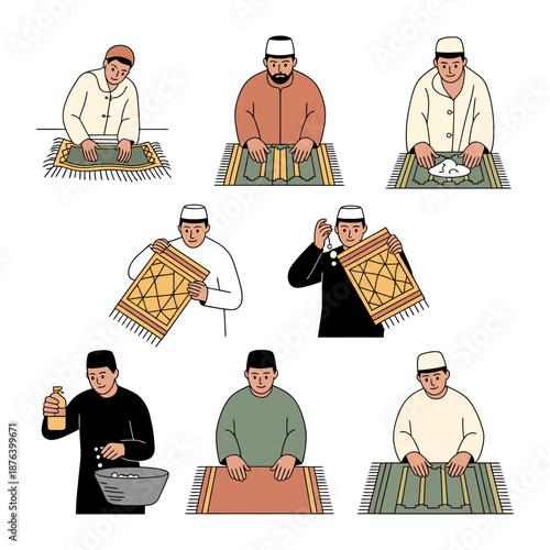 Islamic Prayer Ritual: A depiction of various stages of the prayer ritual, showcasing the sequence of actions and preparations.