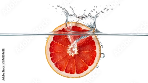 Juicy Grapefruit Slice Splashed in Water, Isolated on White Background, Highlighting Freshness and Citrus Energy