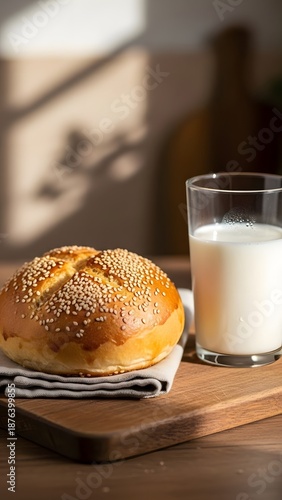 Homemade Bread Bun Topped with Sesame Seeds Served with a Glass of Milk for a Cozy and Wholesome Snack