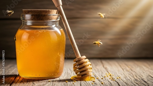 Jar of Honey Placed on a Wooden Background Highlighting Natural Sweetness and Rustic Charm