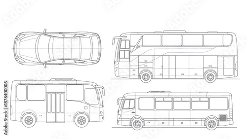 CAD Vehicle Outline Set – Car, Bus, Minibus Top and Side View Vectors