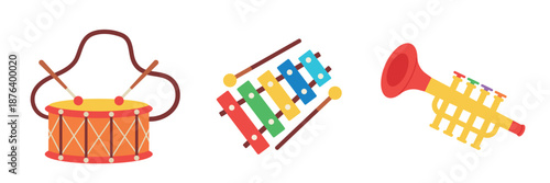 Set of cute cartoon musical instruments illustration, including a drum with sticks, a colorful xylophone, and a yellow trumpet, in a flat vector style.