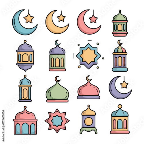 Islamic icons for the Holy Month of Ramadan: Festive Islamic icons representing the spirit and traditions of Ramadan, including crescent moons, stars, lanterns, and mosque elements.
