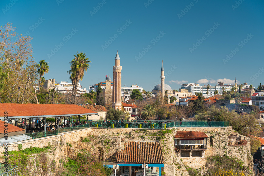 Fototapeta premium Historic Antalya Old Town skyline with Yivli Minaret and clock tower