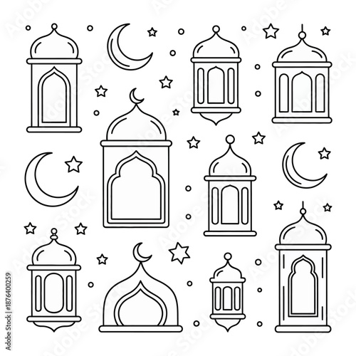 Geometric Lanterns and Celestial Accents: An intricate artistic illustration featuring various geometric lanterns and crescent moons, accompanied by stars, creating a harmonious and decorative design.