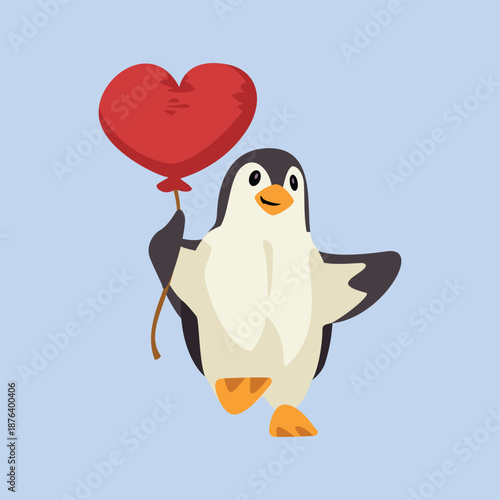 Cartoon Penguin Holding Red Heart Balloon  