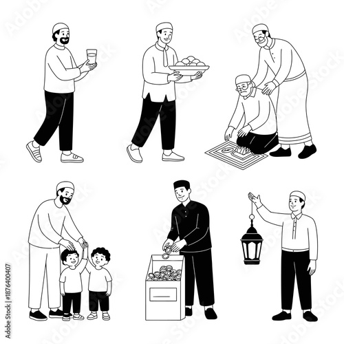 Illustrative Scene of Islamic Practices: An illustration depicts diverse scenes of individuals, immersed in acts of Islamic faith, charity, and reflection. capturing moments of devotion, togetherness.