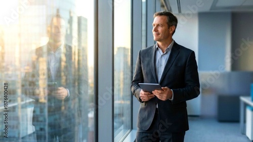 Mature businessman with digital tablet looking out of office window