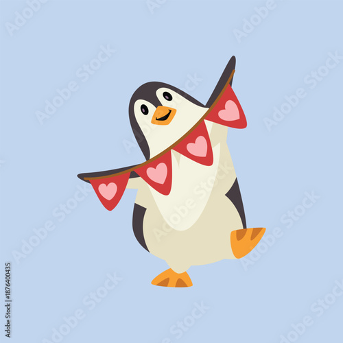 Cartoon Penguin with Heart Garland