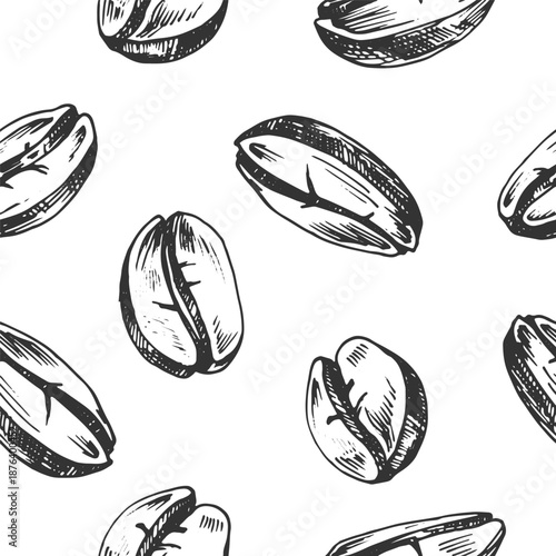 Coffee beans vector seamless pattern hand-drawn in ink. Line art coffee beans. Template for designing labels, fabrics, and wrapping paper