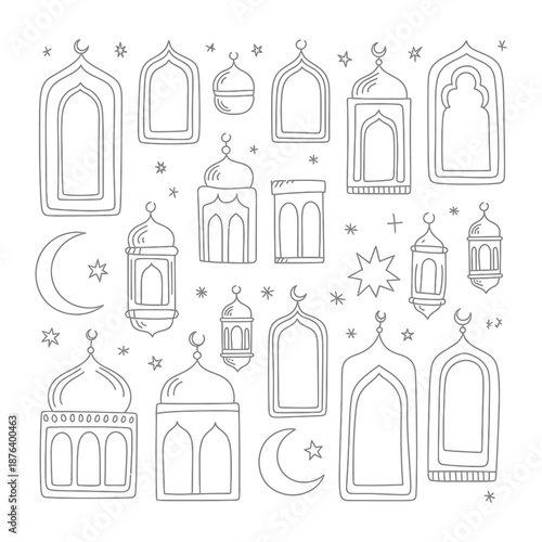 Hand-drawn Islamic Elements: A collection of meticulously hand-drawn illustrations showcasing the timeless elegance of Islamic architecture, including mosques, lanterns, and celestial motifs.