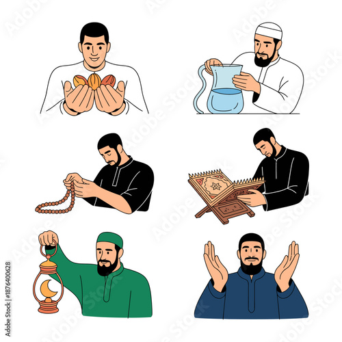 Ramadan Rituals Illustrated: A set of six illustrations shows various activities associated with the holy month of Ramadan, from prayer and scripture reading to acts of charity and reflection.