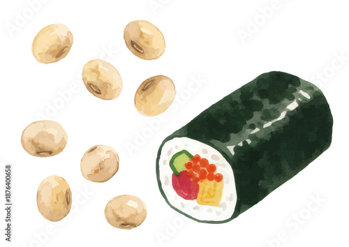 Watercolor-style illustrations of ehomaki, nori rolls, and sushi／恵方巻き・海苔巻き・大豆・節分
