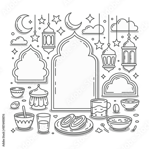 Islamic Ramadan Elements: A line art illustration capturing the essence of Ramadan, featuring traditional lanterns, crescent moons, and stars.