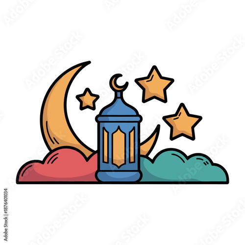 Lunar Lantern: A captivating illustration featuring a decorative lantern nestled amidst the celestial beauty of a crescent moon, radiant stars, and colorful clouds.