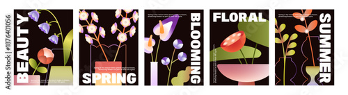 Set of posters with abstract flowers in vases. Designs of templates with blooming plants in glass and ceramic pots with different geometric shapes. Layouts with bouquets. Flat vector illustrations