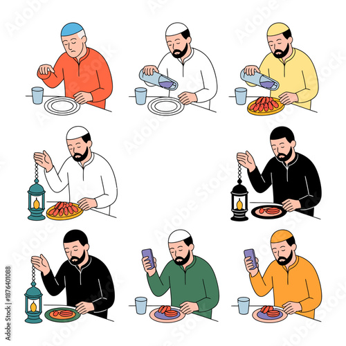 Ramadan Traditions: A curated collection depicts a man's adherence to Ramadan customs, from the initial act of breaking fast to nighttime reflections