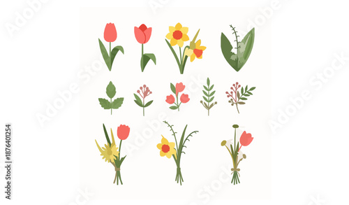 Flat spring floral elements tulips daffodils daisies leaves and berries vector