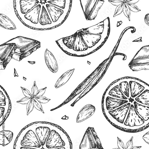 Vanilla, orange, almonds, anise and chocolate slice vector seamless pattern hand-drawn in ink. A pattern featuring illustrations of sweet flavors. A template for dessert label design.