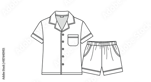 Technical line drawing of a classic short-sleeved pajama set including a button-down shirt and matching shorts for sleeping.