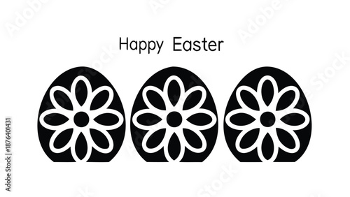 Black easter eggs with white floral patterns and happy easter text on white background